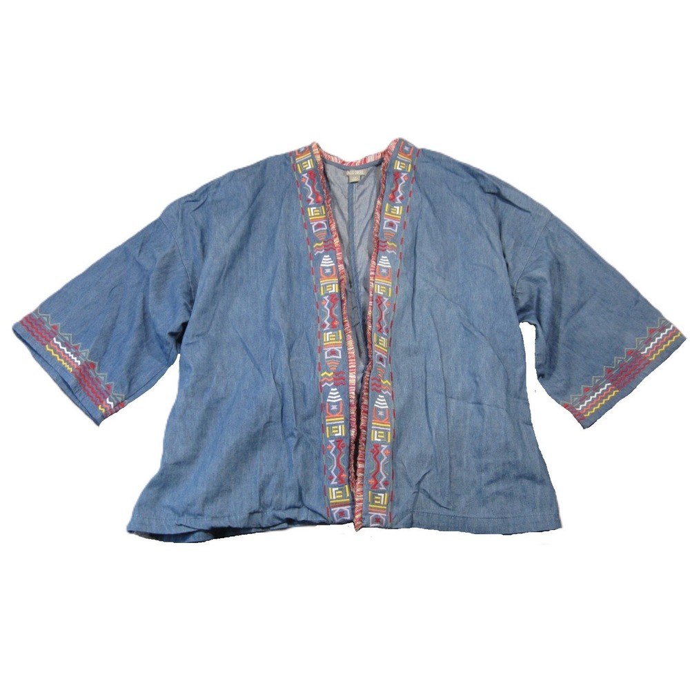 Falls Creek Embroidered Kimono Denim Jacket 2X Open Belted Fringe Boho Southwest